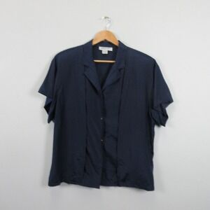 Argenti 100% Silk Blouse Navy Blue Short Sleeve Button Front Women 14 Collared